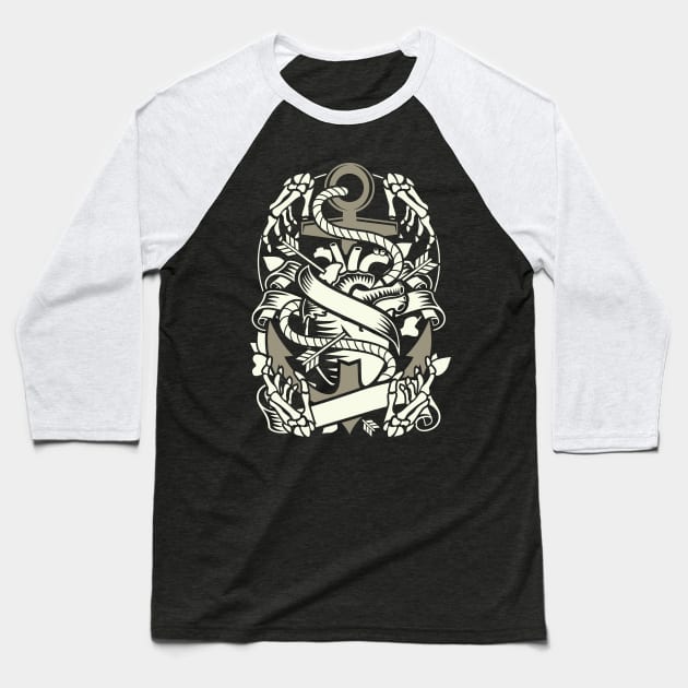 Retro Boat Anchor With Rope Heart Arrows And Bones Baseball T-Shirt by JakeRhodes